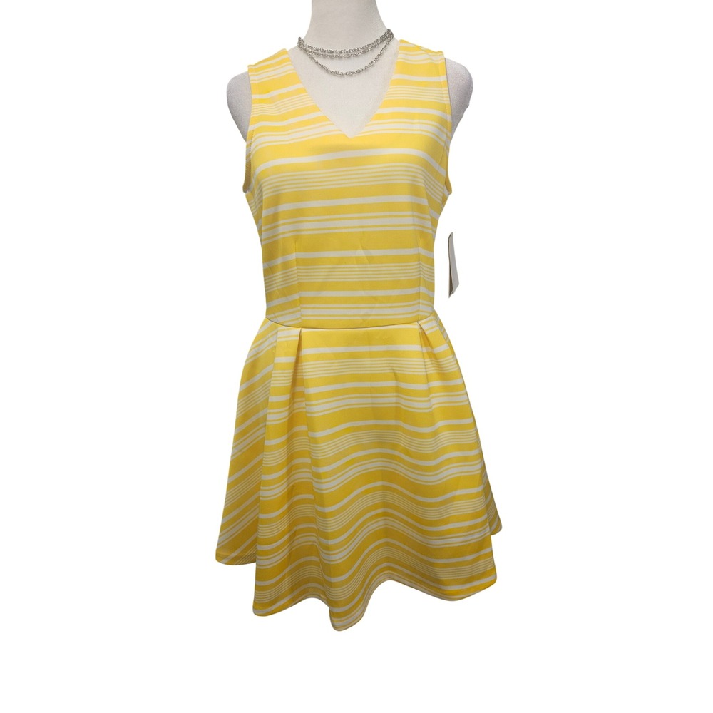 Copper Key Yellow White Striped V-Neck Fit & Flare Sleeveless Dress Small NEW